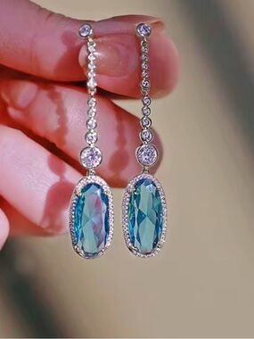 NEW Silver Drop Dangle Earrings with Blue-Green CZ Accents